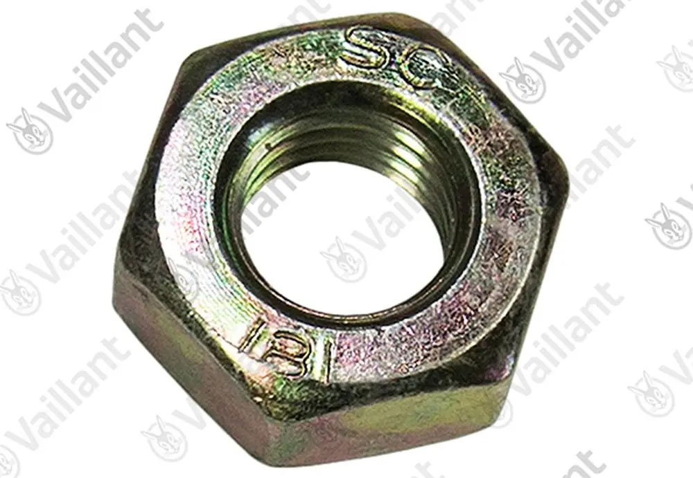 Sechskantmutter aus Metall mit Innengewinde, errichtet von Vaillant. Die Mutter hat eine sechskantige Form und weist eine metallische Oberfläche auf.